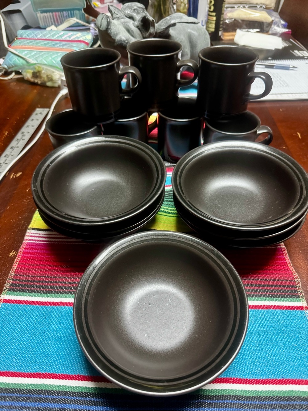 Pfaltzgraff Matte Black Stoneware Dinnerware Set - 7 mugs 7 bowls